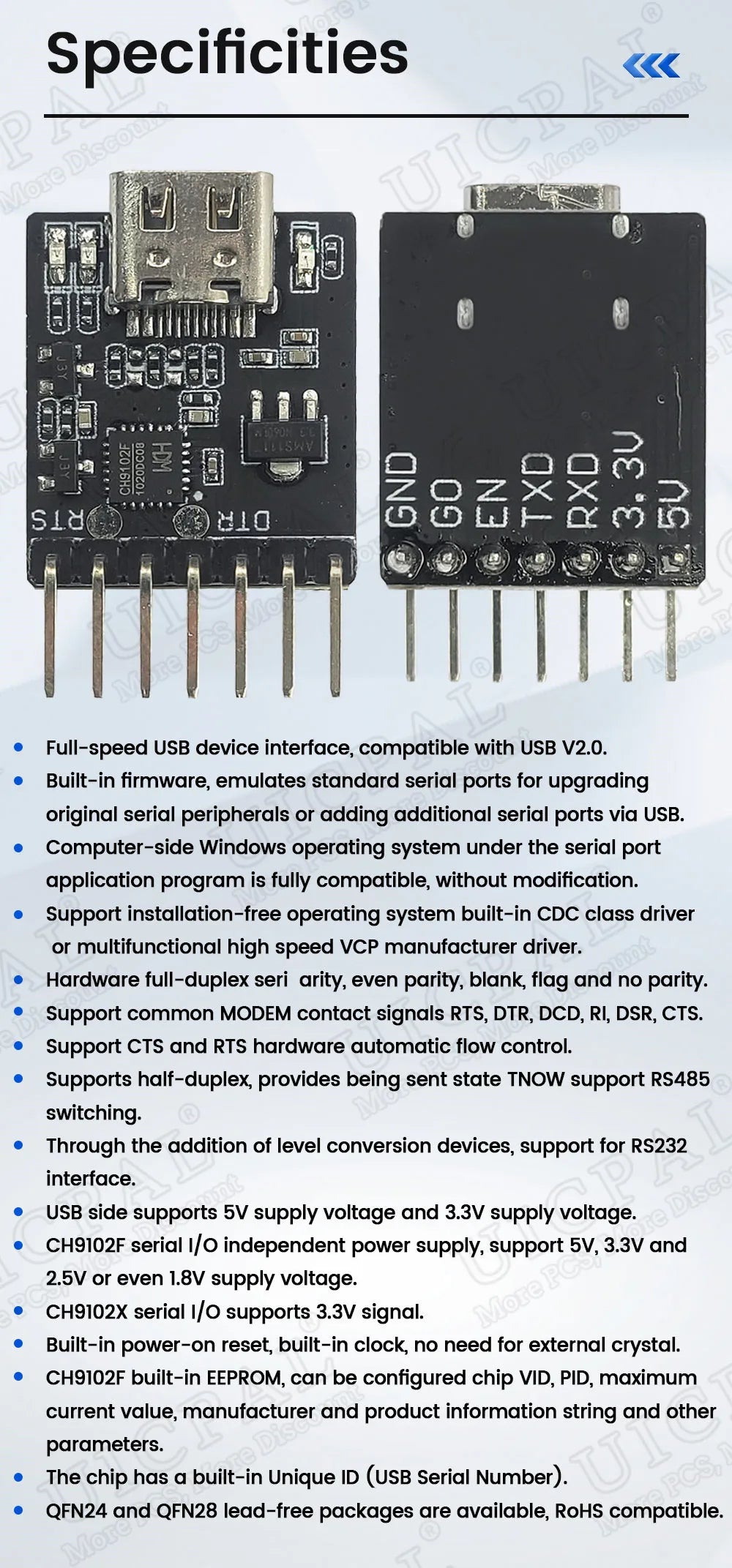 CH9102F Downloader Module Chip Serial Port Download 7Pin Program Burning for ESP32 MINI TYPE-C USB to UART RS232 RS485