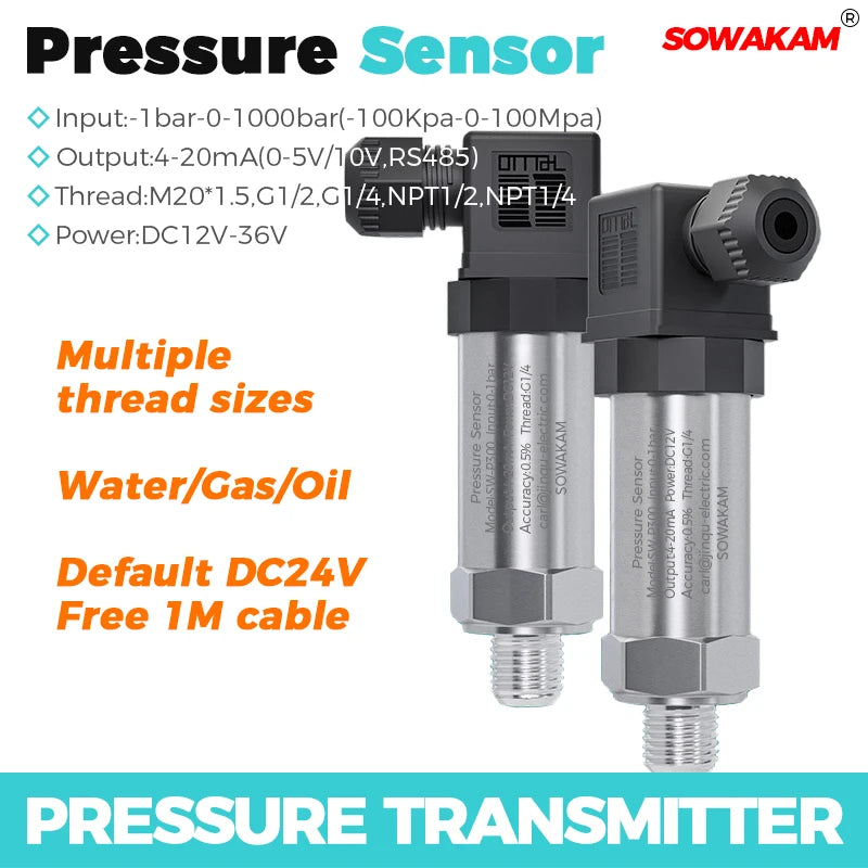 Pressure Transducer 4 20mA Water Gas Oil Liquid Pressure Sensor -1-0-1000bar 24VDC Positive Negative Vacuum Pressure Transmitter