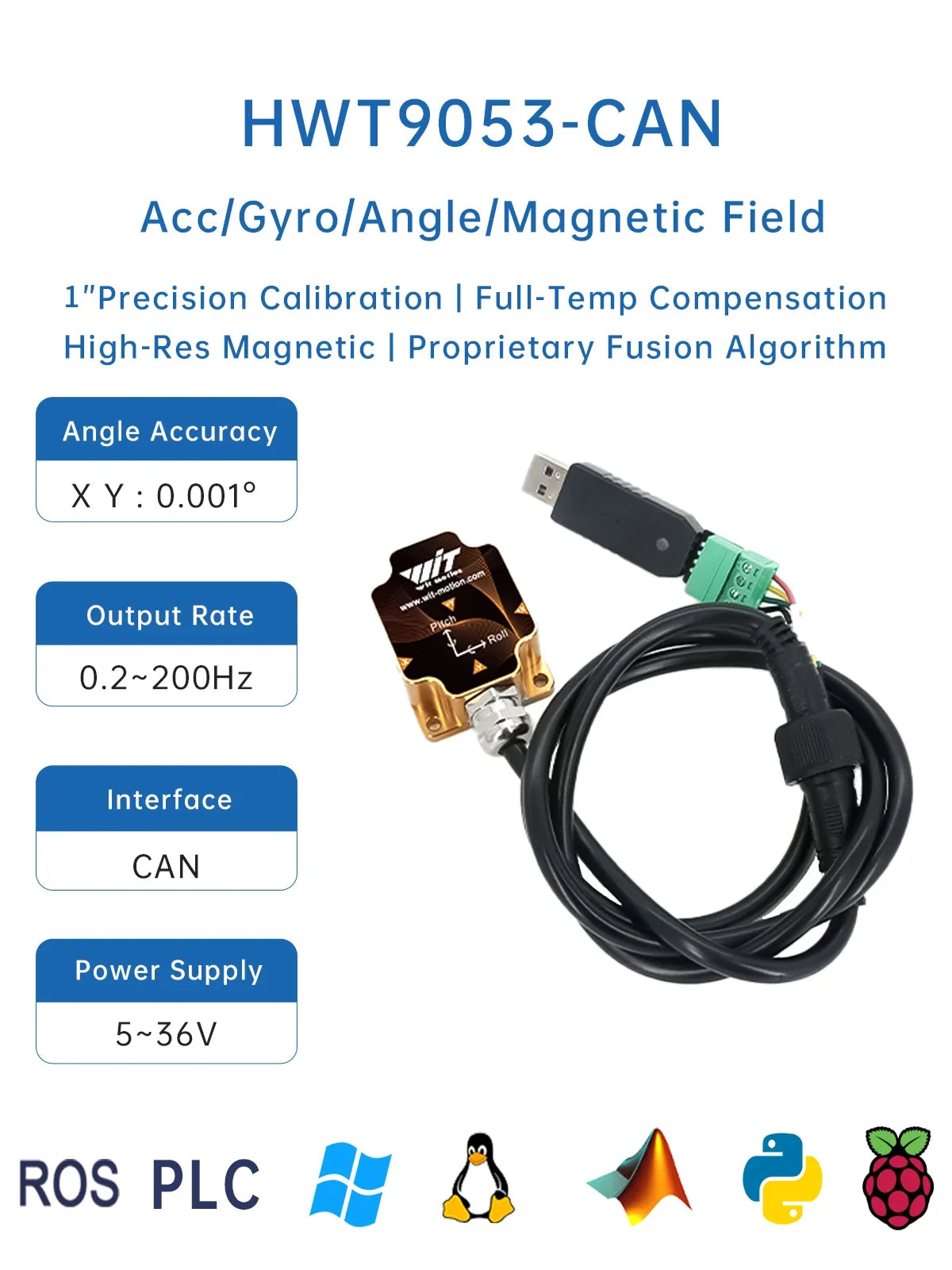 WitMotion HWT9053(X/Y±0.001°)3-Axis Acceleration+Gyro+Euler Sensor IP68 AHRS IMU Built in RM3100 Magnetometer Chip for UAV Robot