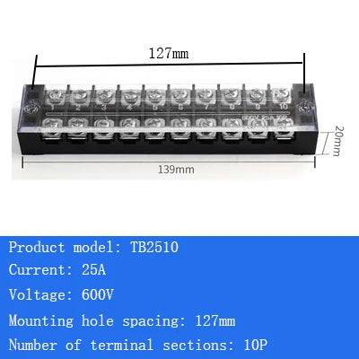 TB15A 25A 45A Copper Wiring Terminal Block 3/4/5/6/8/10/12 Position Electrical Connector Board Current Terminal Strip