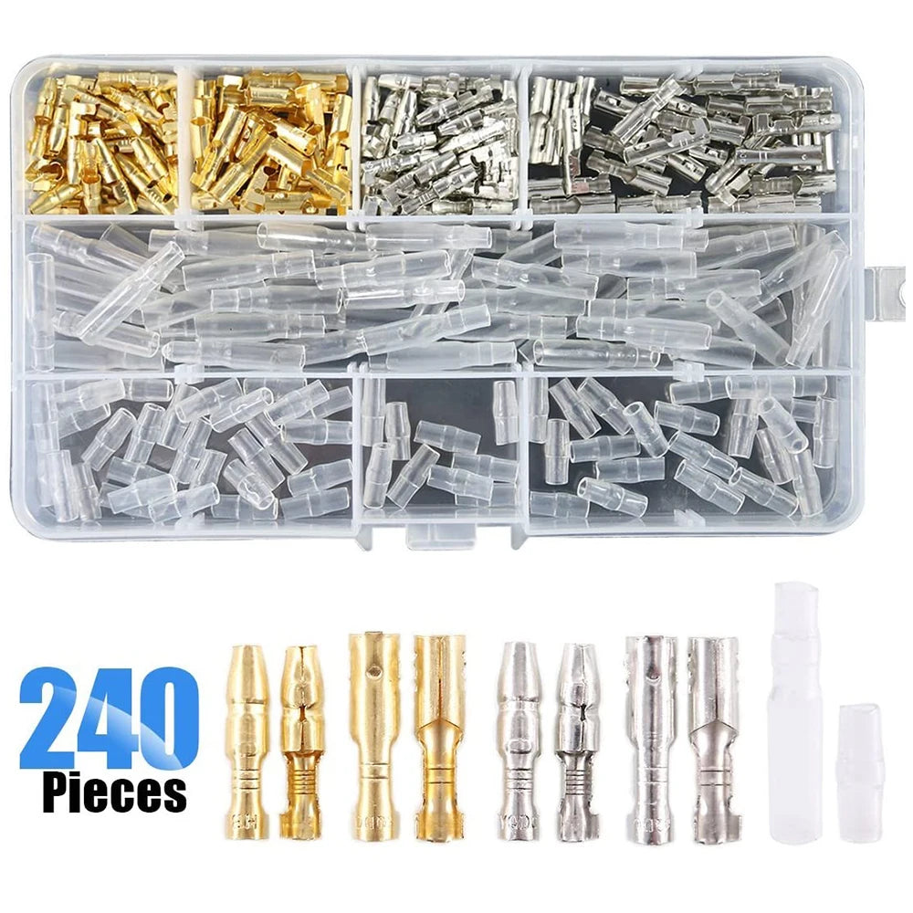 240pcs 3.9mm Brass Male Female Bullet Terminal Wire Connector Blocks with Insulation Sleeves for Car Truck Motorcycle Bike