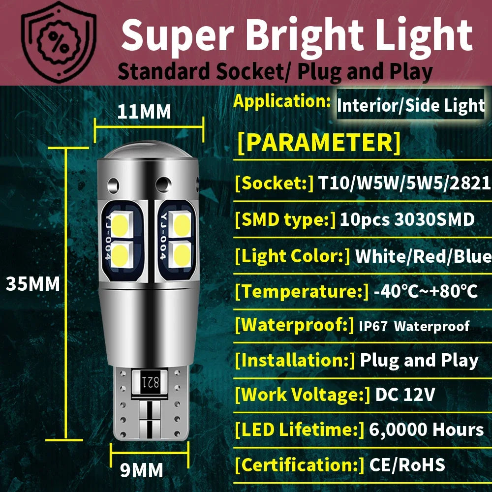 2x W5W T10 LED CANBUS No Error 5W5 12V 10W 950Lm Super Bright Car Interior Side Light 194 3030 SMD Auto Bulb White Amber Red