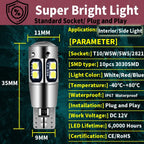 2x W5W T10 LED CANBUS No Error 5W5 12V 10W 950Lm Super Bright Car Interior Side Light 194 3030 SMD Auto Bulb White Amber Red