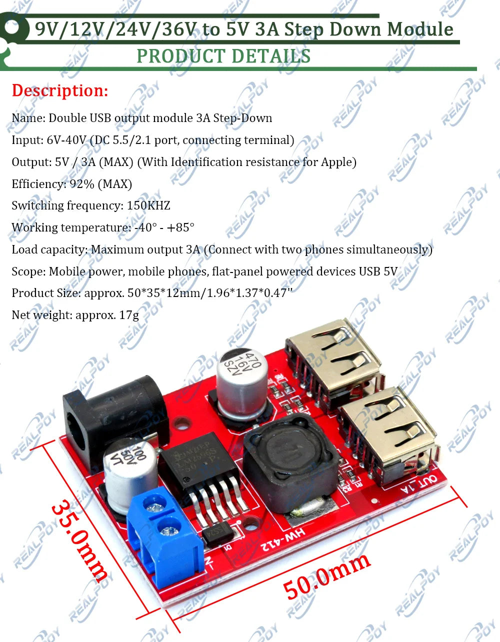 LM2596 LM2596S Dual USB DC-DC 9V 12V 24V 36V to 5V 3A Step Down Buck Converter Board Car Charger Solar Power Supply Module