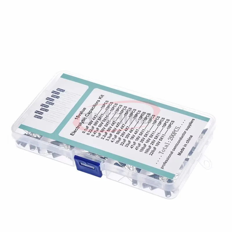 120/200/500pcs Radial Capacitors Set 12 15 24 Values 16V 25V 50V 0.1uF-1000uF Electrolytic Capacitor Assortment Kit Box