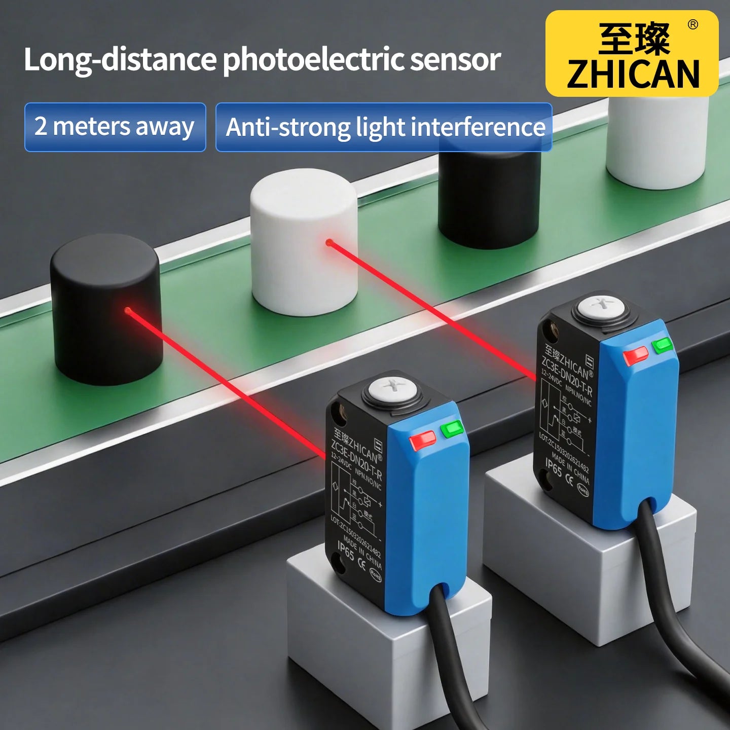 ZHICAN ZC3E Long Range Photoelectric Sensor 2m Diffuse Reflective Switch NPN NO 24V DC Object Detection