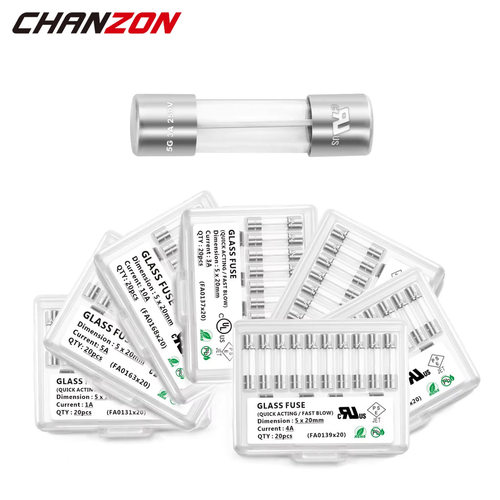 20pcs 5x20 mm Glass Tube Fuse Fast Quick Slow Blow 5X20mm 0.5A 1A 2A 3A 4A 5A 6A 6.3A 8A 10A 12A 15A 250V 125V 12V Cutoff Fusee