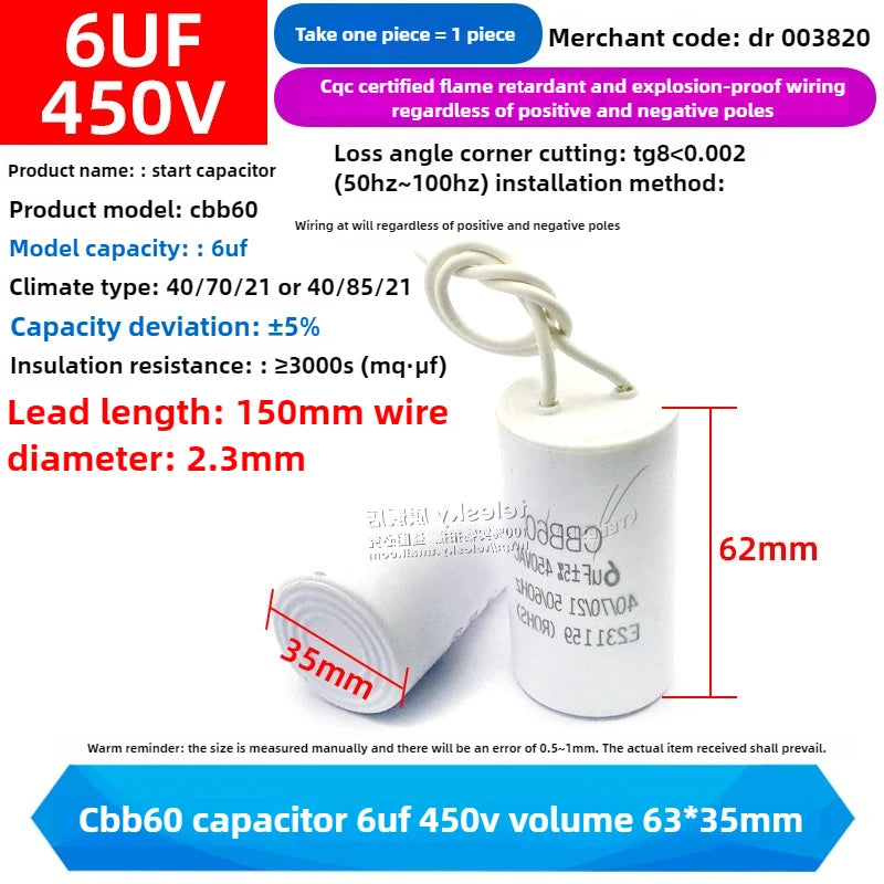 CBB60 Capacitor 450V AC Motor Run Capacitors 3/4/5/6/8/10/12/14/15/16/18/20/30/35/40/50/60/70UF for Washing Machine, Water Pump