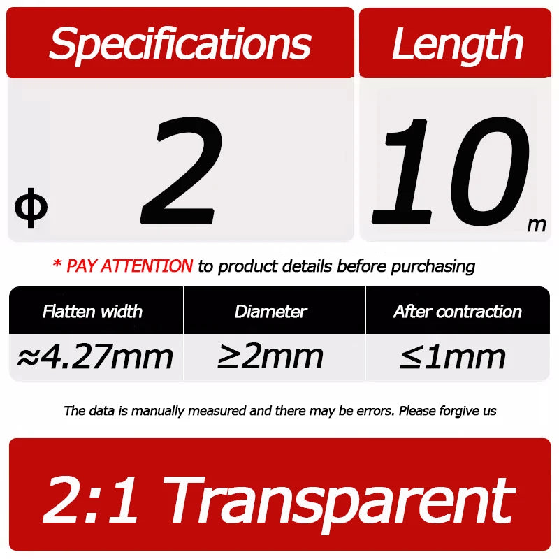 10 Meter/Lot Heat Shrink Tube 2:1 Clear Transparent Tubing Shrinkable Wrap 1mm - 60mm Cable Sleeve Wire