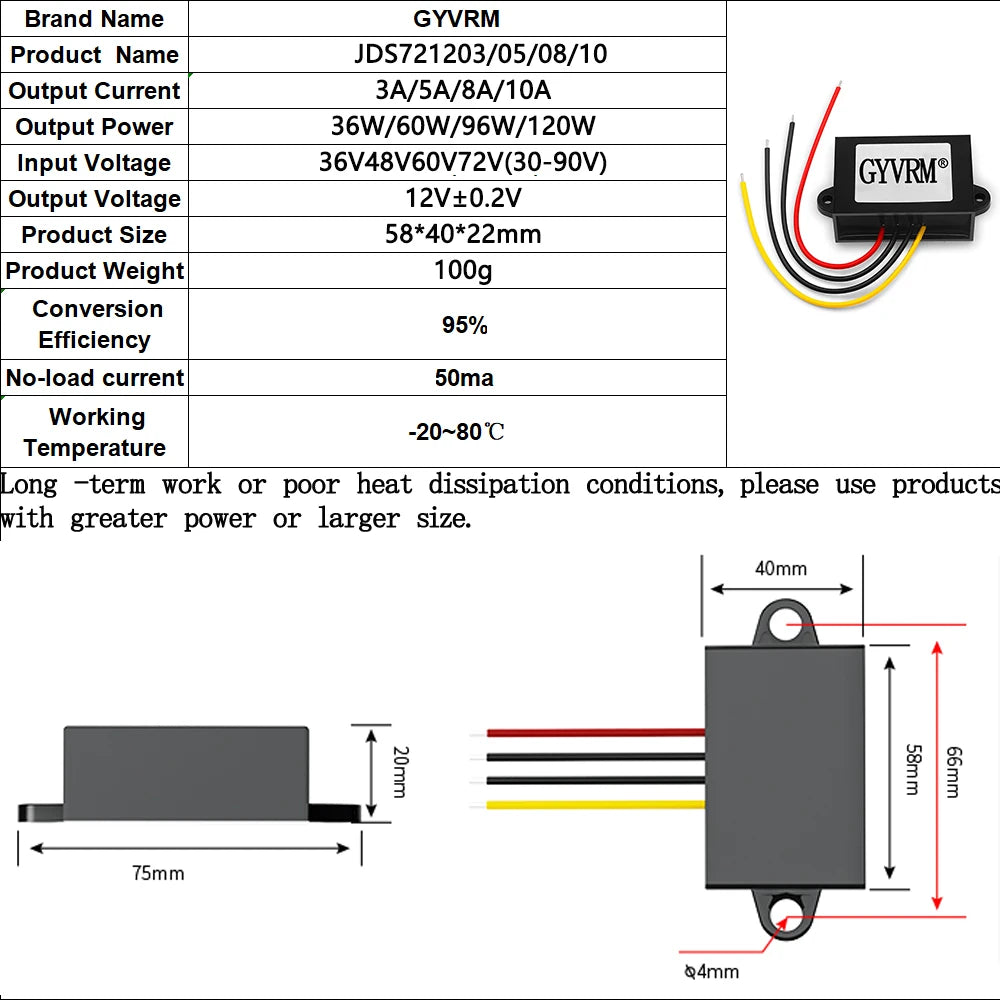DC 72V 60V 48V 36V 24V to DC 12V 3A 5A 8A 10A Step Down Voltage Power Converter Auto Car Motorcycle Bus Truck Buck Power Supply