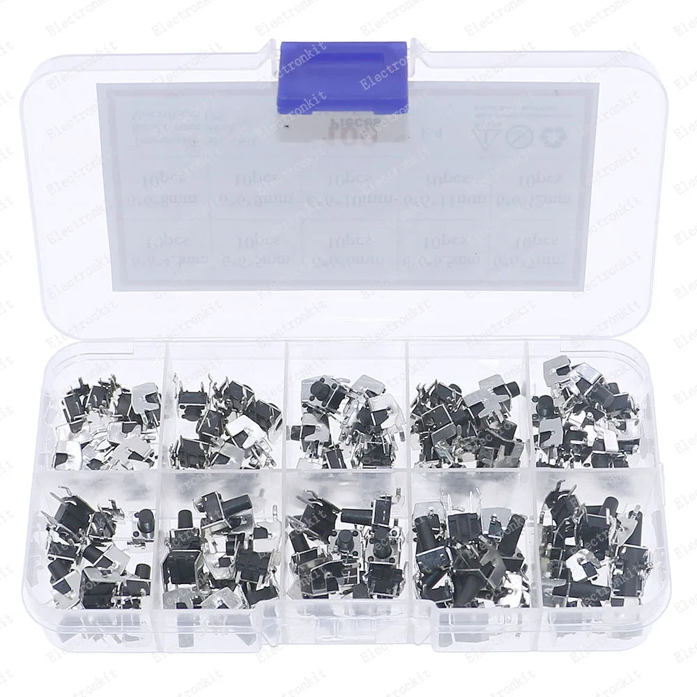 100pcs 10value 6x6mm Panel PCB Momentary Tactile Tact Mini Switch kit Box6*6*4.3/5/6/6.5/7/8/9/10/11/12mm Right Angle With stent