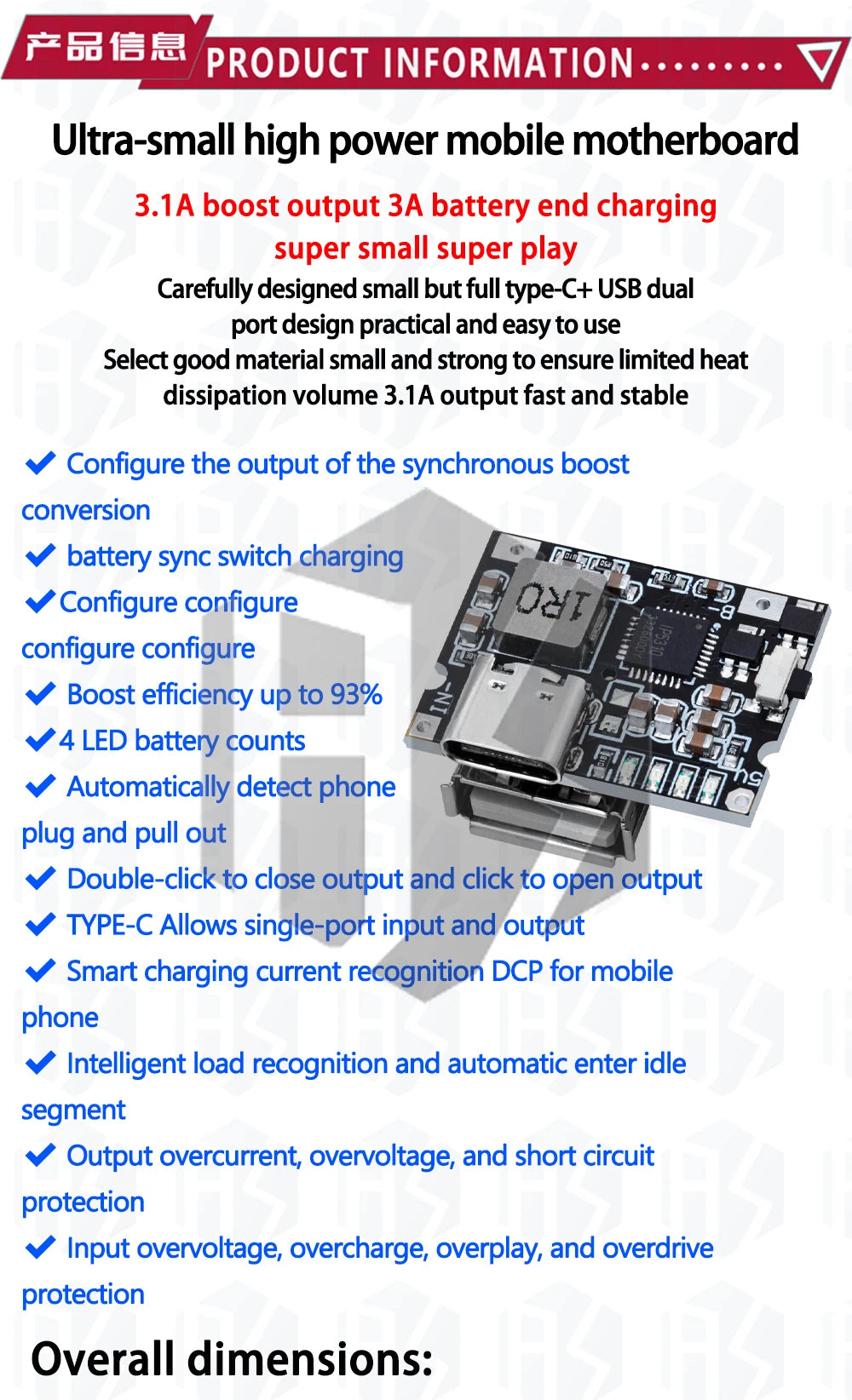 IP5310 Type-C USB-a 5V 3.1A Boost Converter Step-Up Power Module Power Bank Accessories With Switch LED Indicator
