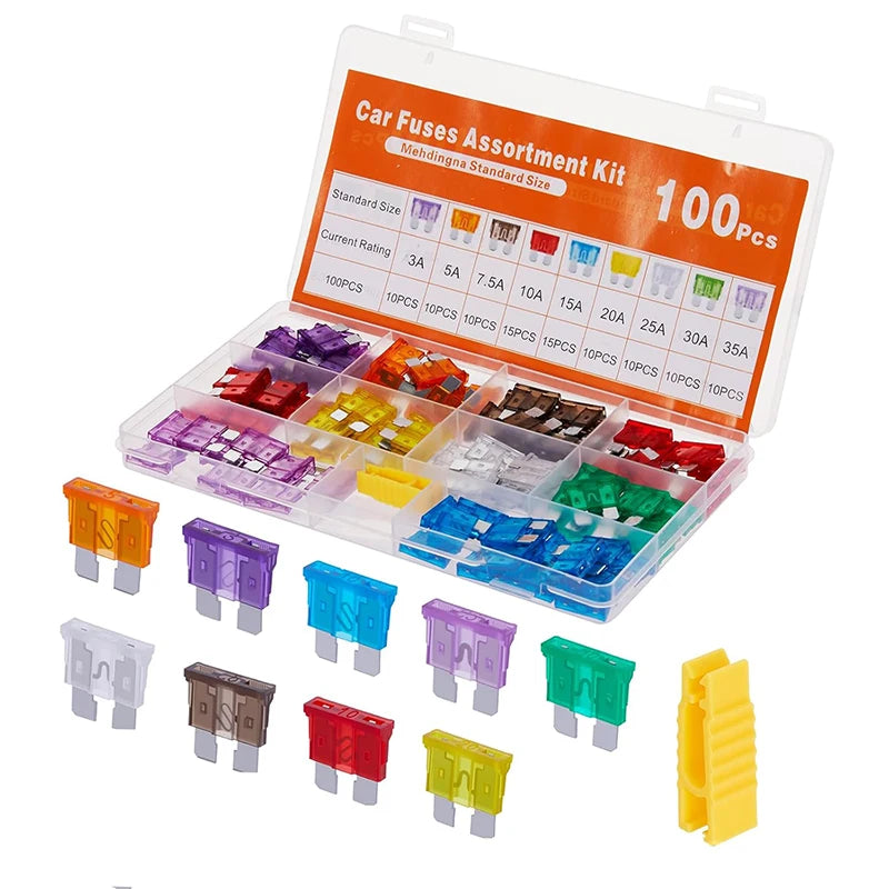 100pcs Car Fuse Assortment Kit Profile Middle Size Blade Type Fuse Auto Car Truck 2-35A Fuse with Box Clip
