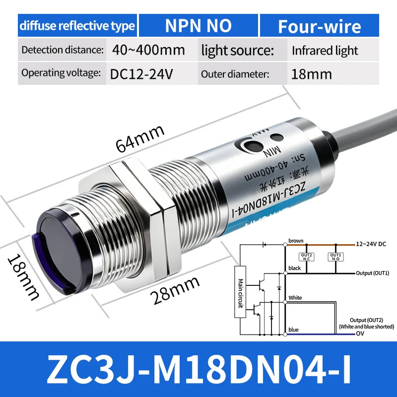 ZHICAN ZC3J M8 M12 M18 Infrared Photoelectric Sensor Diffuse Reflective Adjustable Sensing Distance NPN PNP NO NC