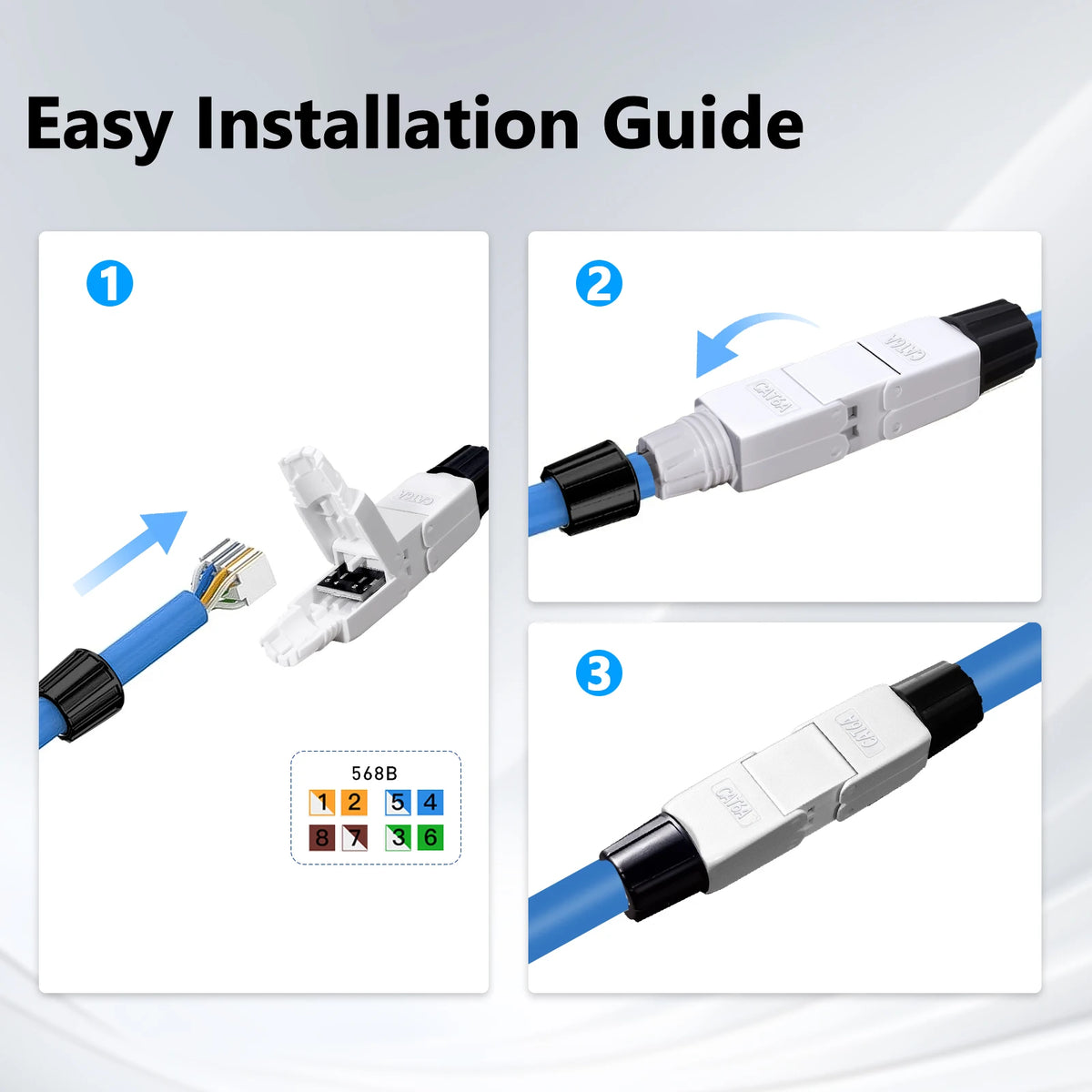 Tool Free RJ45 Cable Extender Junction Adapter, CAT6A CAT7 Ethernet Coupler Network Cable Extension Connector Toolless