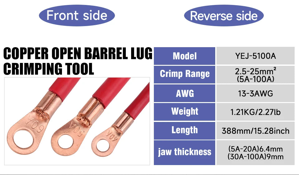 Heavy Duty Battery Lug Crimper YEJ-5100A for 5A-100A(AWG 13-3) OT Open Barrel Terminals, Automotive Wire Crimp Pliers