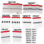 100pcs/lot Rectifier Diode Set 1N4148 1N4007 1N5819 1N5399 1N5408 1N5822 FR107 FR207 Fast Switching Schottky Diode Resistor Kit