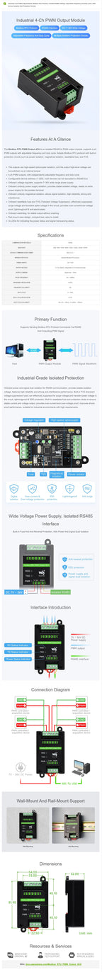 Industrial 4-Ch PWM Output Module, Modbus RTU Protocol, Isolated RS485 Interface, Adjustable Frequency and Duty Cycle, With Vari