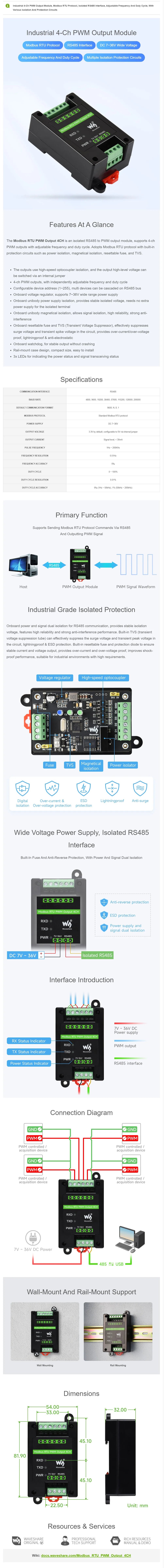 Industrial 4-Ch PWM Output Module, Modbus RTU Protocol, Isolated RS485 Interface, Adjustable Frequency and Duty Cycle, With Vari
