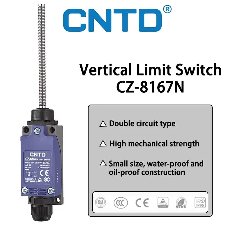 CNTD CZ-8167N Vertical Limit Switch 10A 250VAC Waterproof IP65 Spring Arm Travel Switch with NC/NO Type for Various Applications