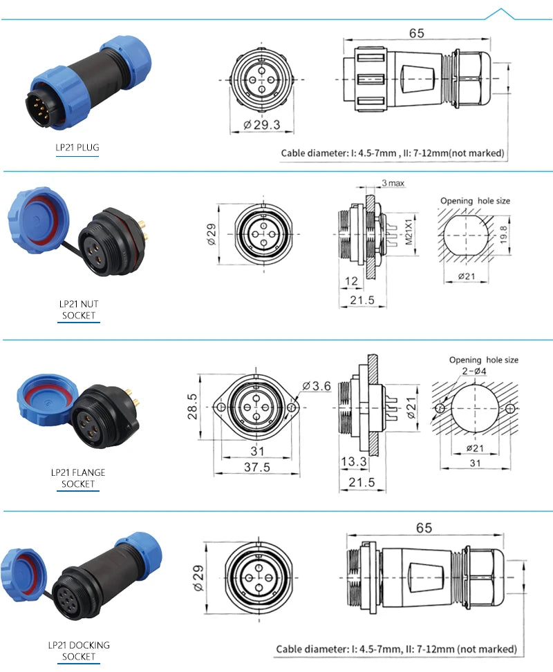 LP/SP21 Nut/Flange/Docking Waterproof Connector Welding Free 2/3/4/5/6/7 Pin IP68 Outdoor Female Plug Male Socket Screw Wiring