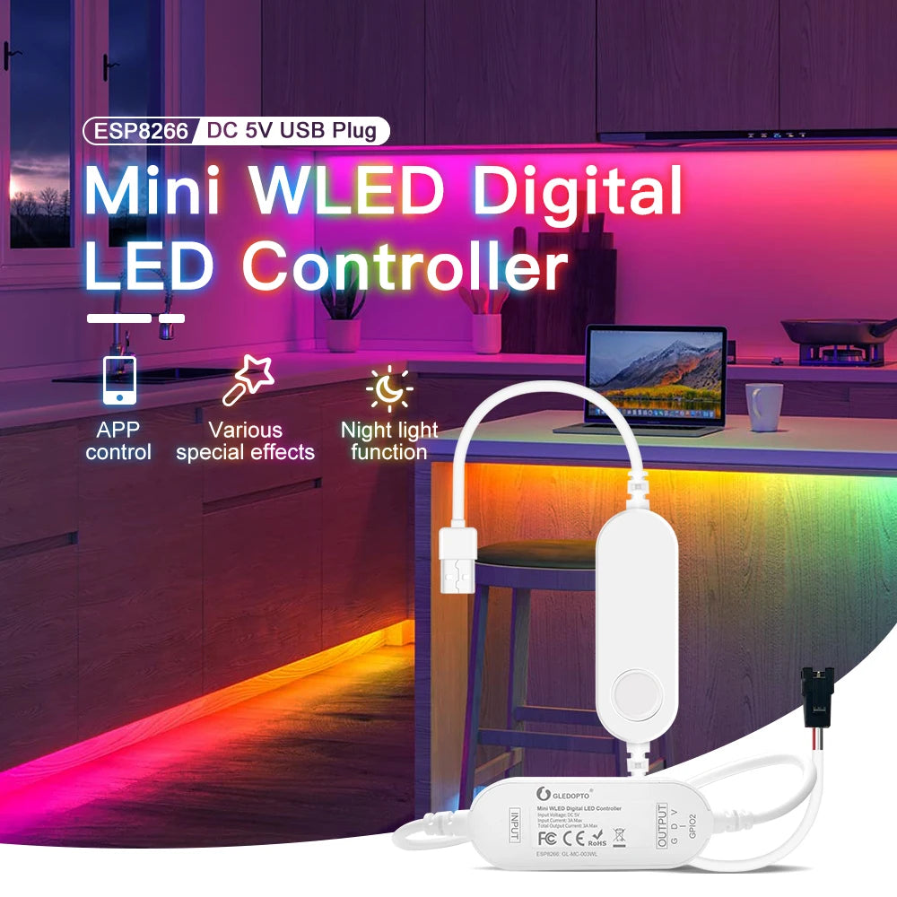 GLEDOPTO WLED ESP32 ESP8266 Ultra Mini LED Controller Multi Color RGB IC Addressable for Table Computer TV Backlight Dynamic ICs