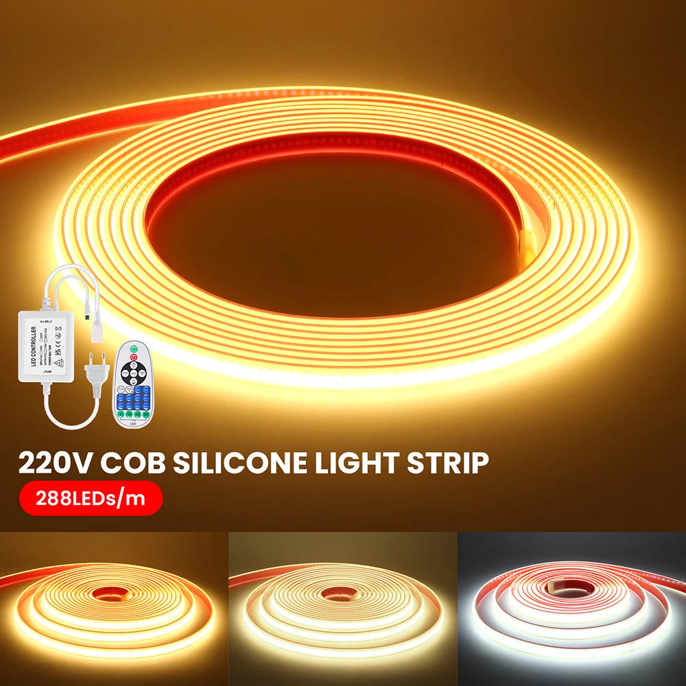 Dimmable COB LED Neon Light Strip Remote Power Kit Wifi Bluetooth Wall Touch 220V 23key Controller 288LEDs/m IP65 Flexible Lamp