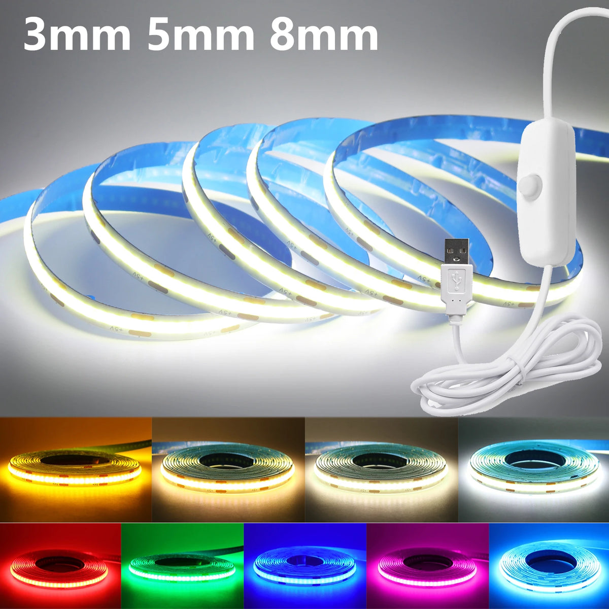 3MM 5MM 8MM COB LED Strip With 1.5M ON/OFF Switch 5V USB 320LEDs/m Warm White Red Green Blue Yellow Pink Flexible Tape for Room