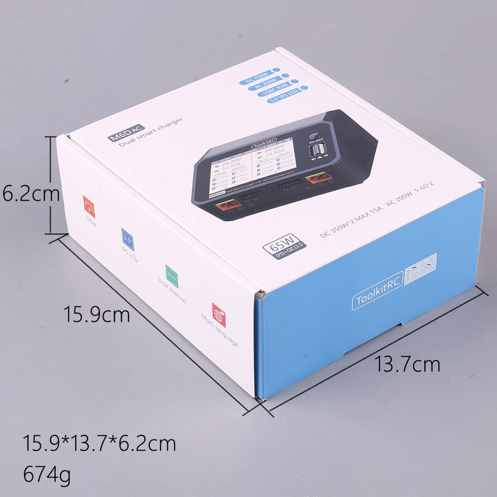ToolkitRC M6DAC 350W X 2 USB-C 65W AC/DC Dual Smart Charger Discharger for 1-6S Lipo LiHV Lion NiMh Pb Battery with 15A Balance