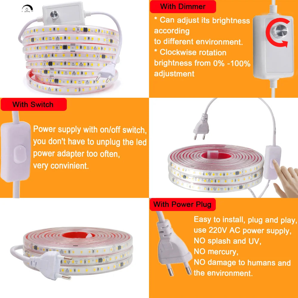 AC 220V 2835 LED Strip Light Waterproof IP67 120 LEDs Flexible Tape Lamp with IC Home Lighting White 0.5m 1m 2m 5m 10m 20m 50m