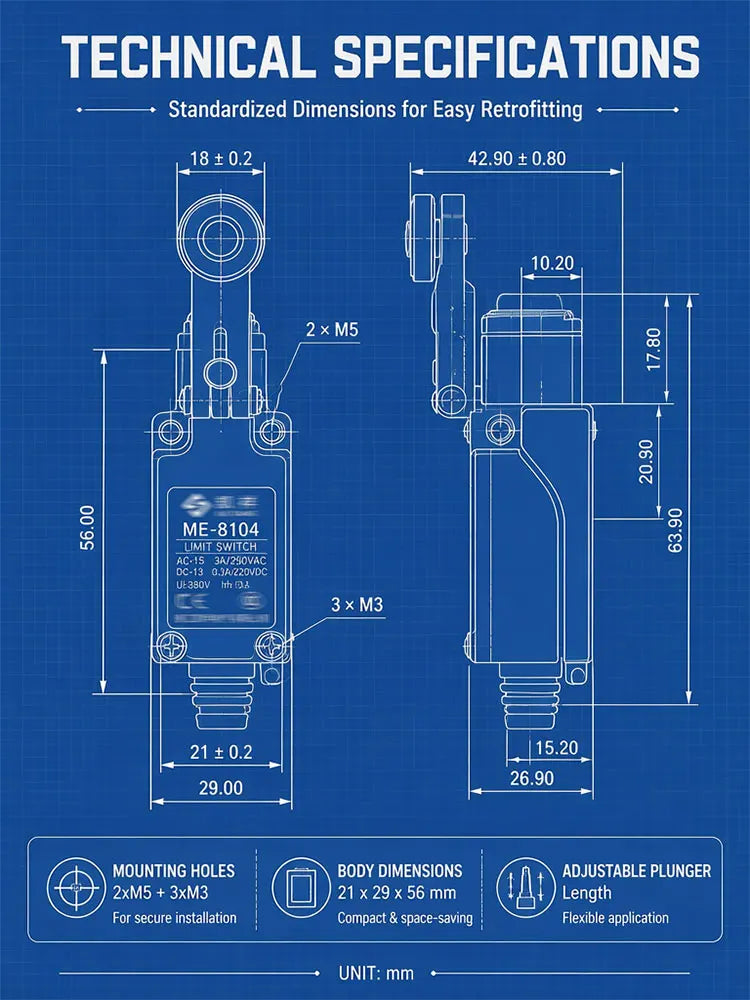 ME-8108 ME-8104 ME-8107 ME-8111 ME-8112 ME-8166-8169 Limit Switch Rotary Adjustable Roller Lever Arm Travel Switch AC250V NO NC