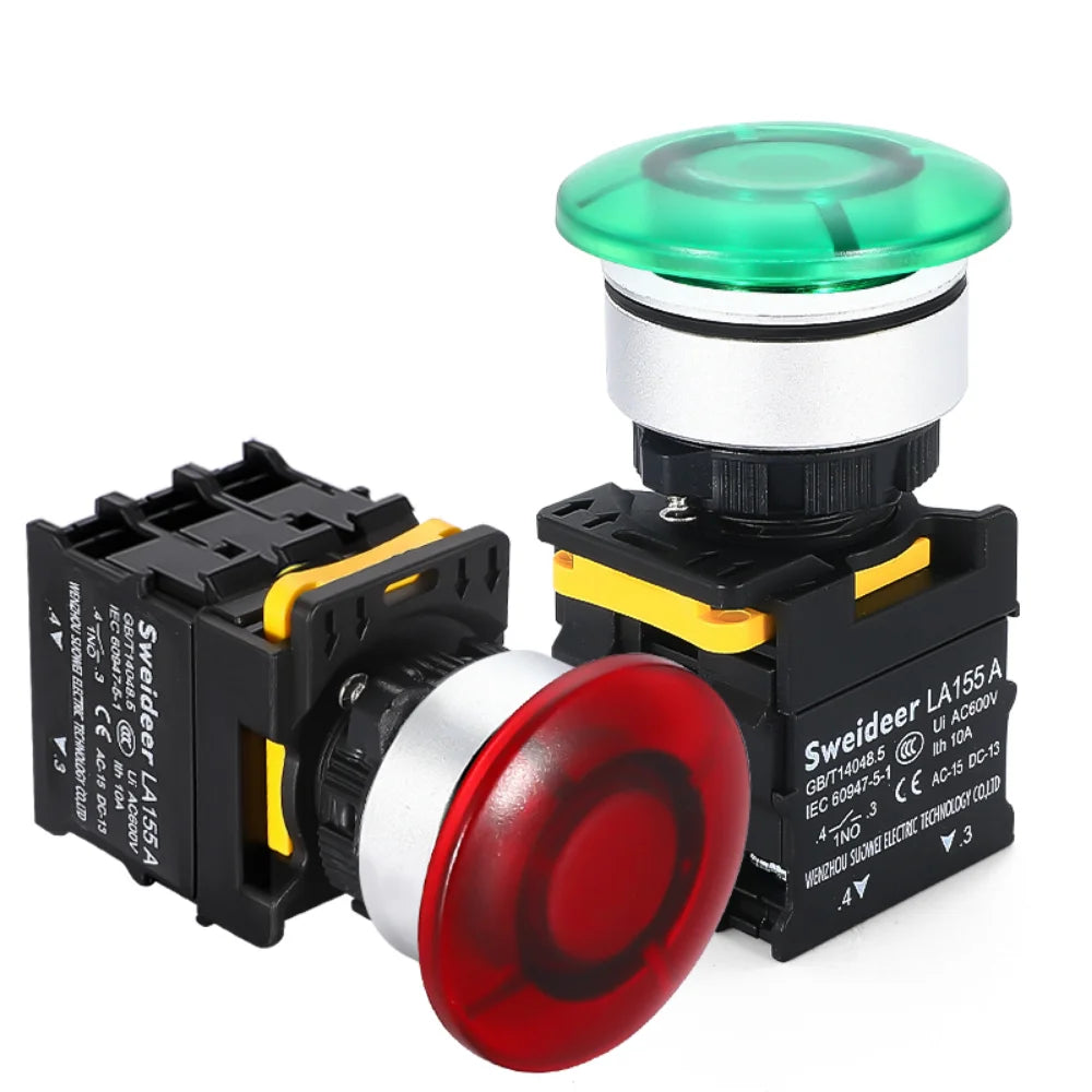 30mm Mushroom Button Switch with Light Waterproof Momentary Reset Self Locking Power Push Button Switch 12V 24V 220V 1NO 1NC Red