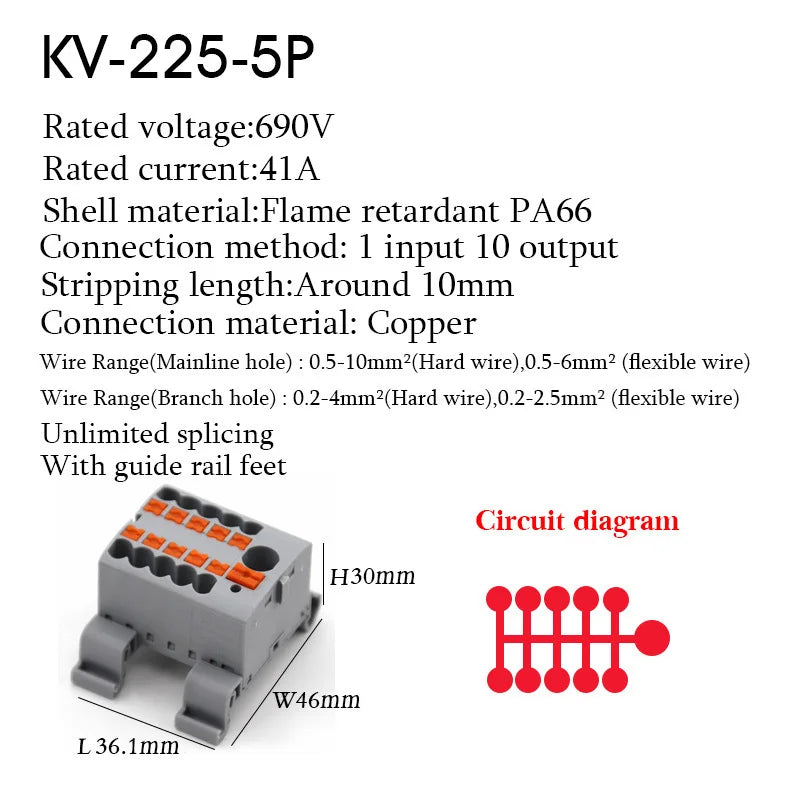 1PC 225 Series Terminal Block One In Multiple Out Wire Electrical Connectors Plug-in Spliceable Splitter Guide Rail Junction Box