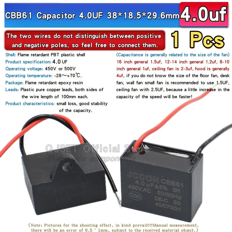 1pcs CBB61 Fan Starting Capacitor 450V 0.8/1/1.2/1.5/2/2.5/3/3.5/4/4.5/5/6/7/8/10/12/15/18/20UF Ceiling Fan Hood Motor Capacitor
