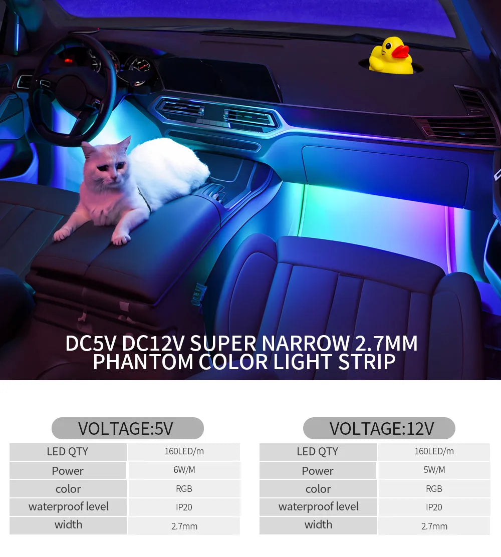 DC5V/12V RGB Dream Color Changing LED Strip Lights WS2812 2020 Ultra Narrow 2.7mm 160Leds/m Smart Individually Addressable Digit