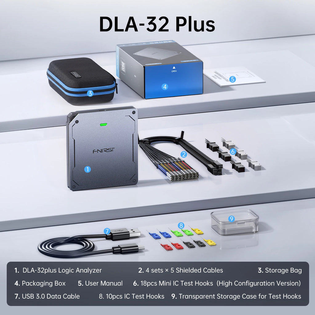 FNIRSI DLA‑16/32 Plus High‑Speed Logic Analyzer 1GHz Sampling 16/32CH USB3.0 4Gbit Stream Buffer 120+ Protocol Decoder Embedded