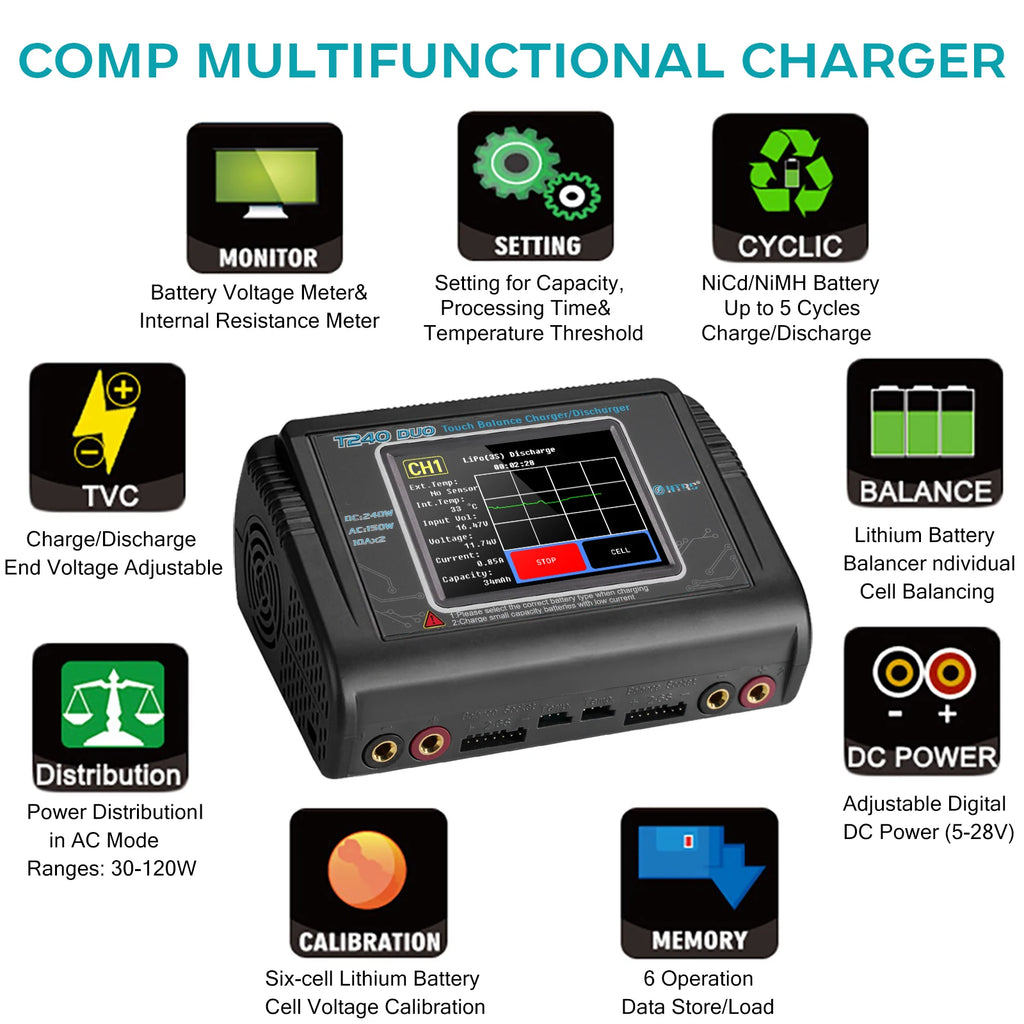 HTRC T240 High Power Battery Charger AC150W DC 240W 10A Dual Channel Touch Screen Lipo Balance Chargers Discharger for RC Models
