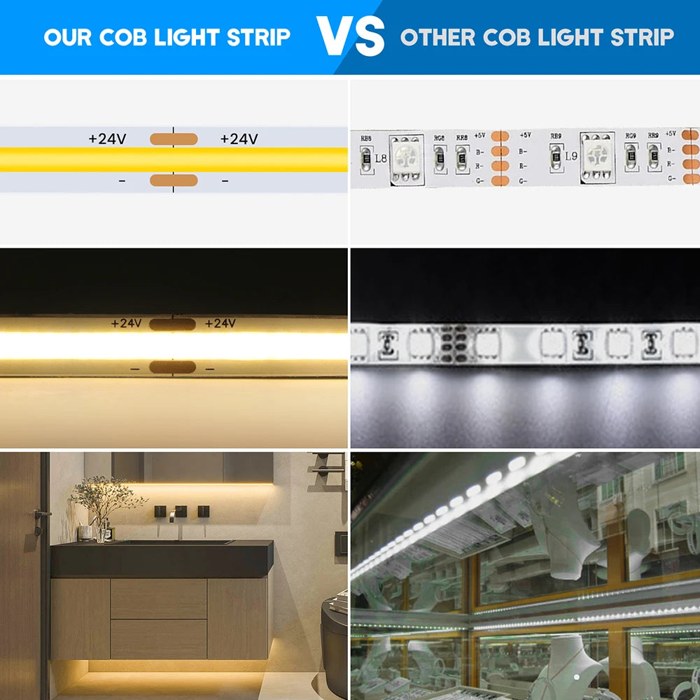 12V 5V USB COB LED Strip Light With 2Pin Wire 320 384 480 528 LEDs Flexible Tape Linear Lighting Warm White Pink Blue Red Yellow