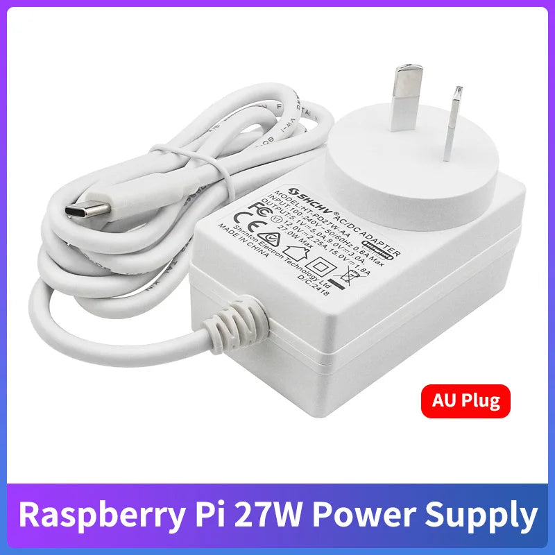Raspberry Pi 5 27W USB-C Power Supply 5.1V 5A PD Charging AU Plug Power Adapter 1.2M Cable for Raspberry Pi 5