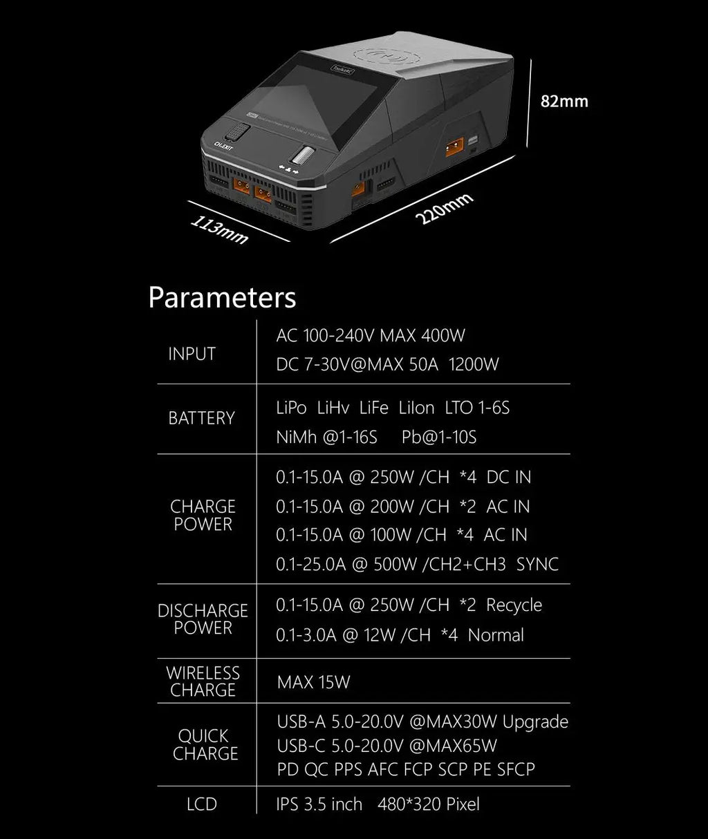 ToolkitRC Q6AC 400W/ DC 1000W 4CH Smart Balance Output Built-in 65W USB Output 15W Charger With Wireless for 1‑6S LiPo Batter