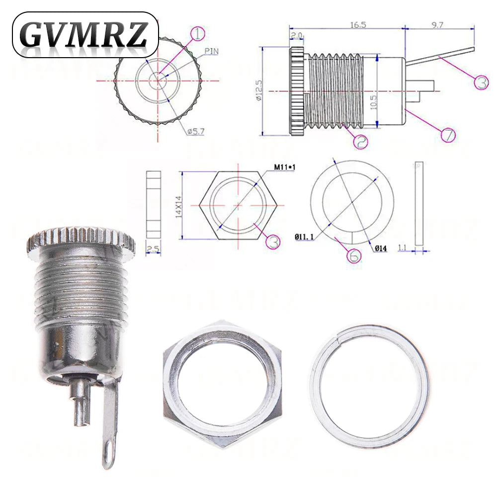 10pcs/LOT DC099 5.5 mm x 2.1mm DC Power Jack Socket Female Panel Mount Connector Metal DC-099 Open Hole 11MM 5.5*2.1 5.5*2.5