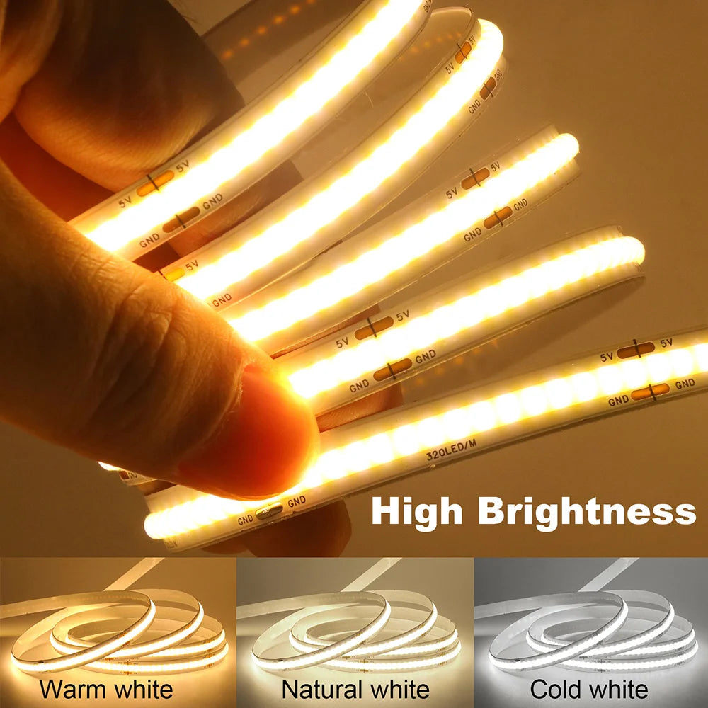 3mm 5mm PCB Battery Power COB LED Strip Light 5V Warm Natural White Blue Red Green Pink Tape 320LEDs 8mm High Density Flex Lamp