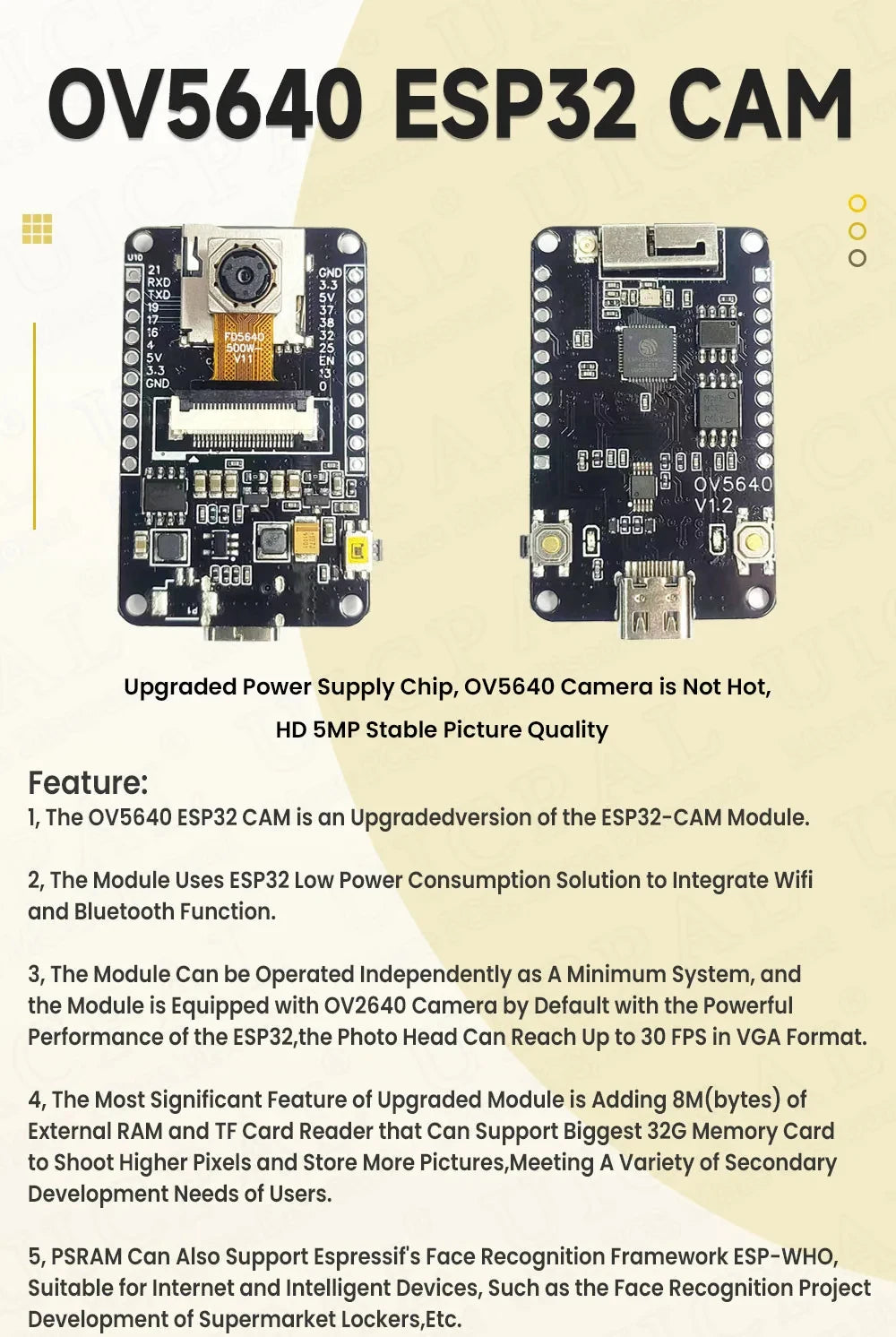 OV5640 ESP32 CAM Camera Module Kit 2.4 GHz WiFi and Bluetooth Develop Board Type C 8MB PSRAM HD 5MP Auto Focus 66 120 160 Degree