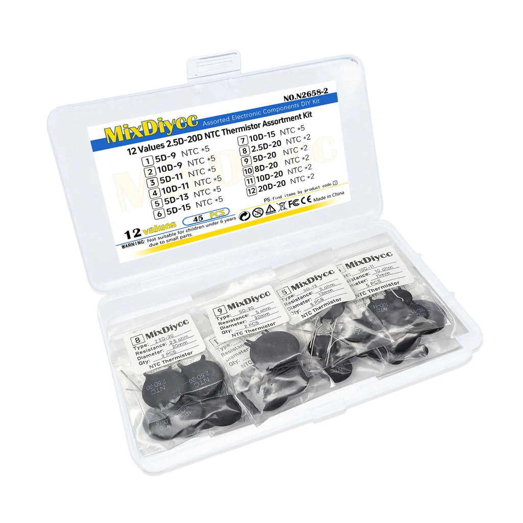 12 Values NTC Thermistor Kit 5D-9 10D-9 5D-11 10D-11 5D-13 5D-15 10D-15 2.5D-20 5D-20 8D-20 10D-20 20D-20 Resistor Total 45 Pcs