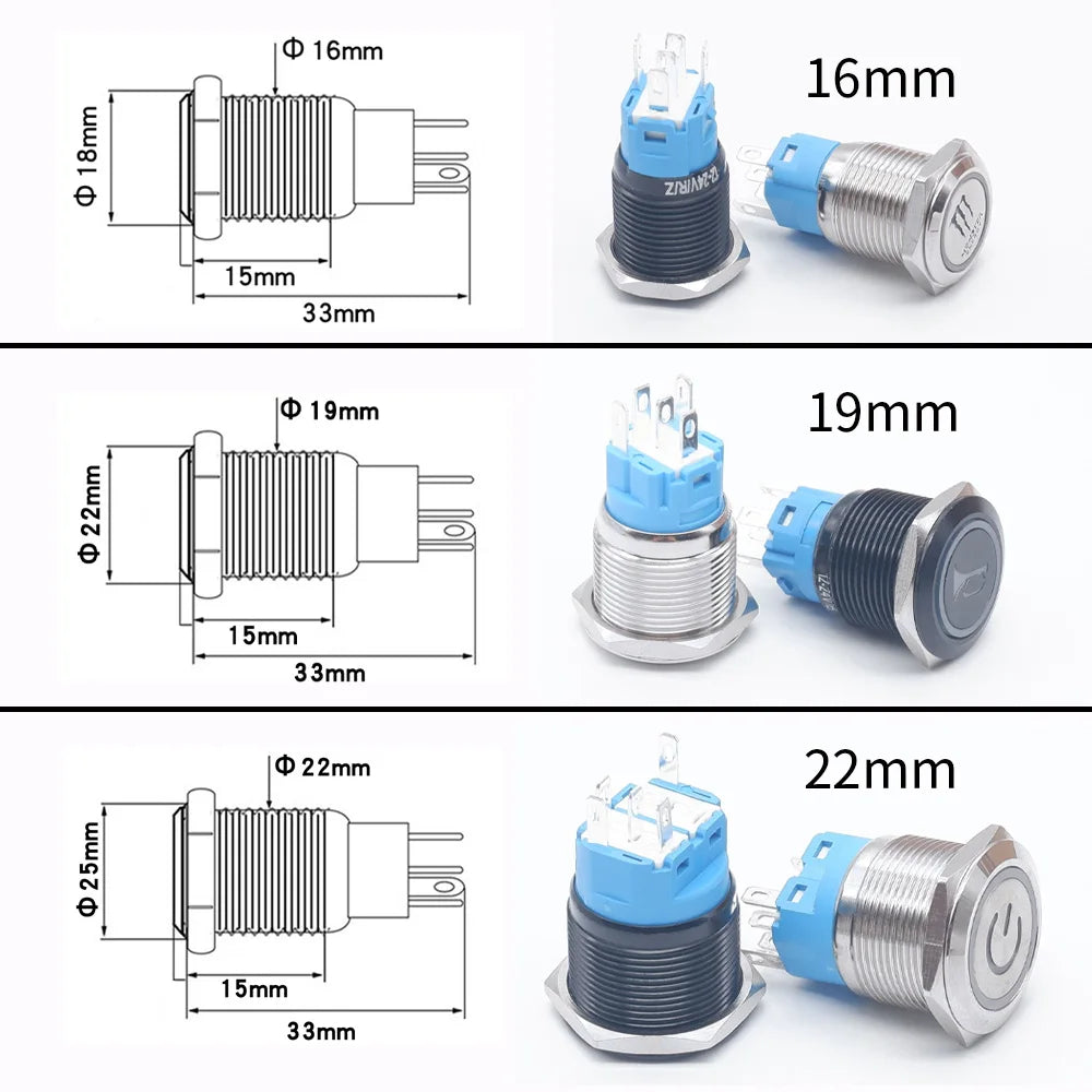 16/19/22mm Customized Metal Push Button Switch with Socket Start Stop For Car Boat Fog Black/Silver Waterproof LED Light 12V 24V