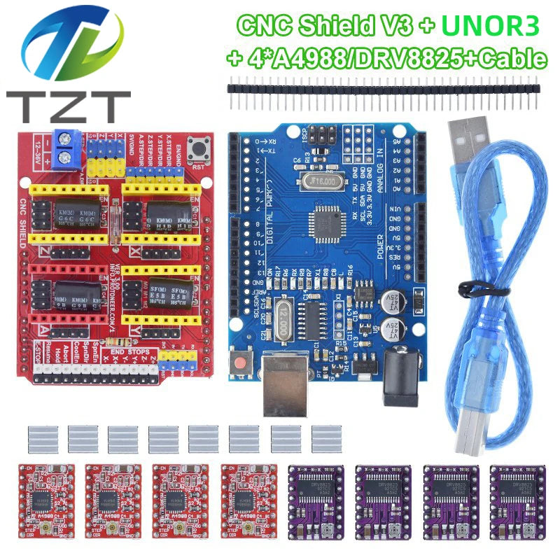 TZTUNO R3 With USB Cable + CNC Shield V3 Engraving Machine 3D Printe+ 4pcs DRV8825 Or A4988 Driver Expansion Board For Arduino