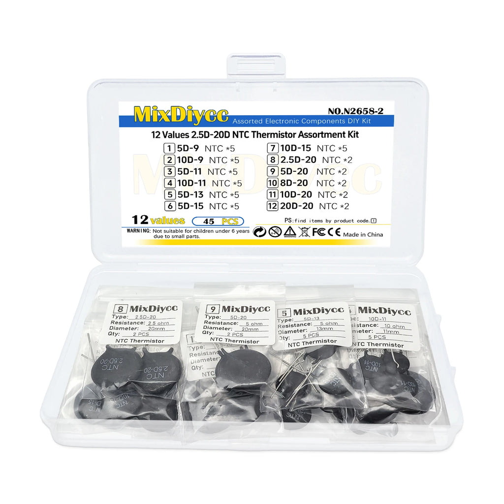 12 Values NTC Thermistor Kit 5D-9 10D-9 5D-11 10D-11 5D-13 5D-15 10D-15 2.5D-20 5D-20 8D-20 10D-20 20D-20 Resistor Total 45 Pcs