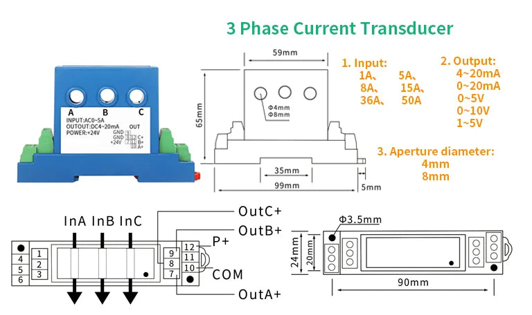 3 Phase AC 5A 10A 50A Current sensor Transmitter 4-20ma 0-5V 0-10V RS485 output Perforated Ampere current voltage Transducer