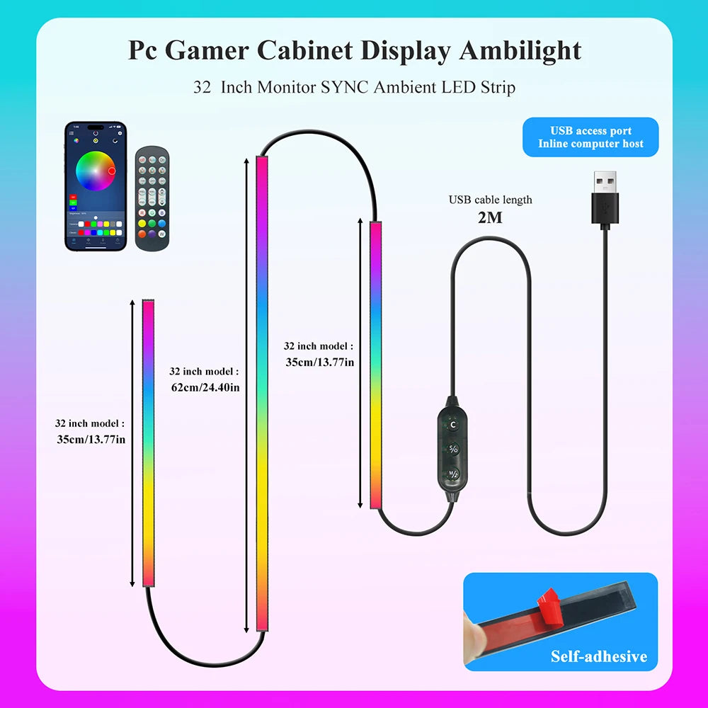 RGB Screen Backlight Strip Light 5V USB Bluetooth 24Keys Remote Kit Music Sycn Atmosphere APP Dreamy for Party Gaming Room Decor