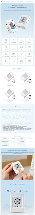 Waveshare ESP32-S3 1.54inch e-Paper AIoT Development Board, 200 × 200, Black / White, Supports Wi-Fi and BLE Dual-mode Communica